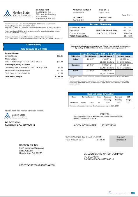 USA California Golden State Water Company business utility bill template in Word and PDF formats